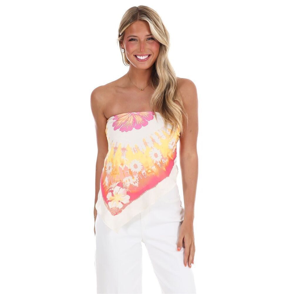 🌸 NWT Floral Scarf Print Strapless Tube Top Handkerchief Hem Summer Boho Chic N